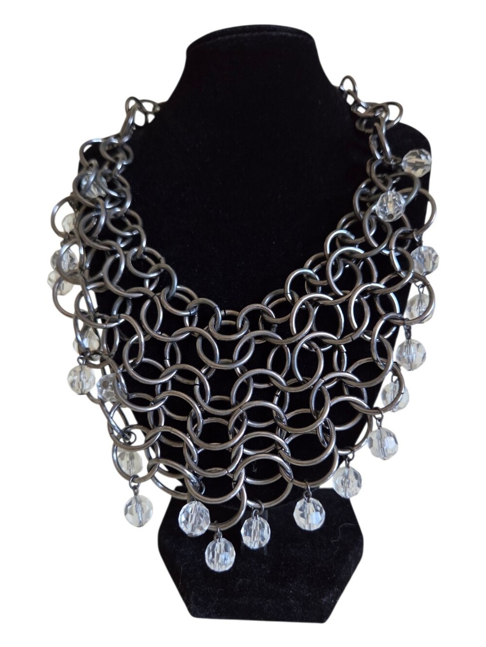 chunky chainmail bib necklace gunmetal ring mesh crystal drop fringe toggle 16"